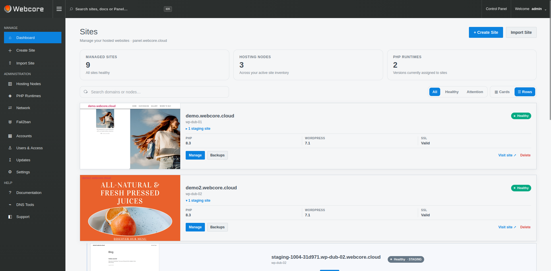 Webcore Panel Sites dashboard showing managed WordPress workloads