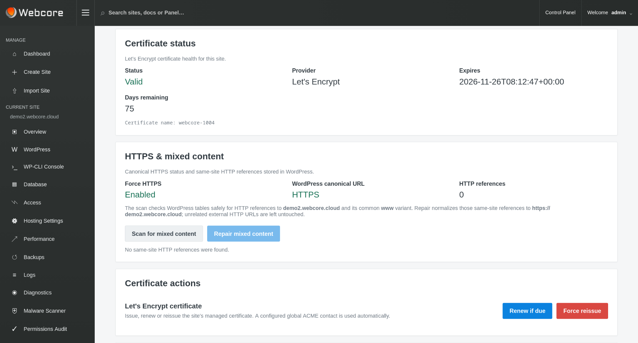 Webcore Panel site SSL and public DNS state